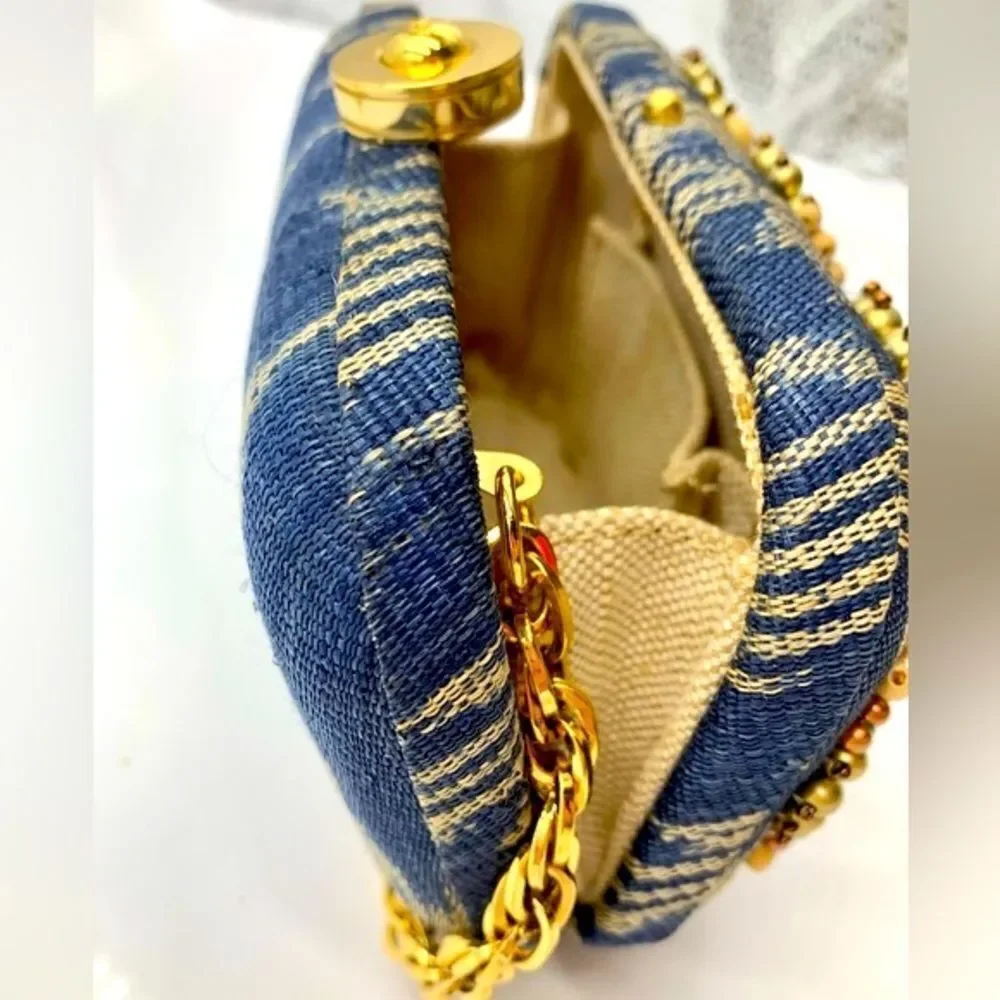 Auth Rafe Minaudière Beaded Boho Canvas Box Clutch Gold-Tone Chainlink Strap